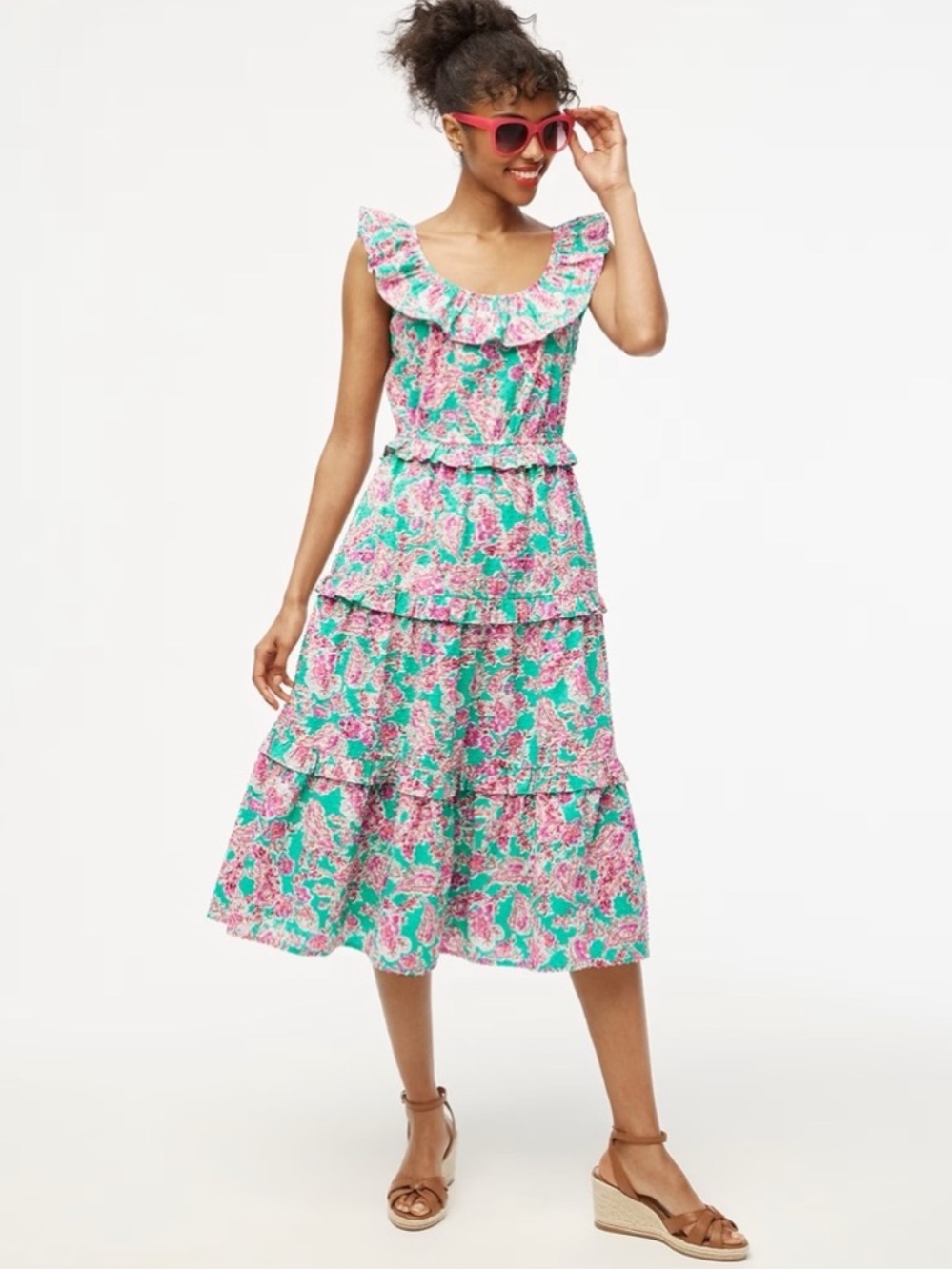 J.Crew Floral Ruffle Midi Dress Green Pink Cottagecore Garden Party Size 2